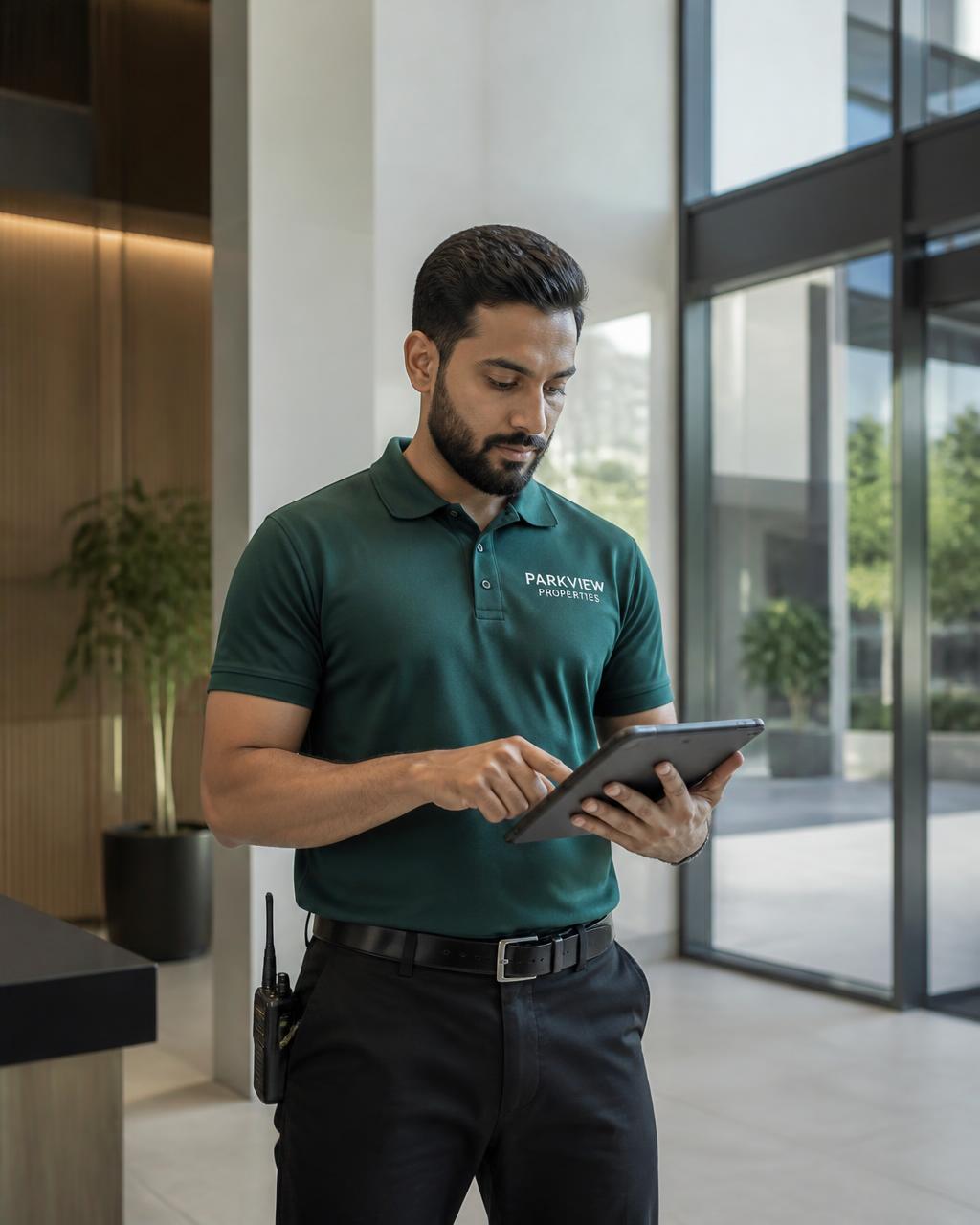 Maintenance technician using a tablet in a residential lobby
