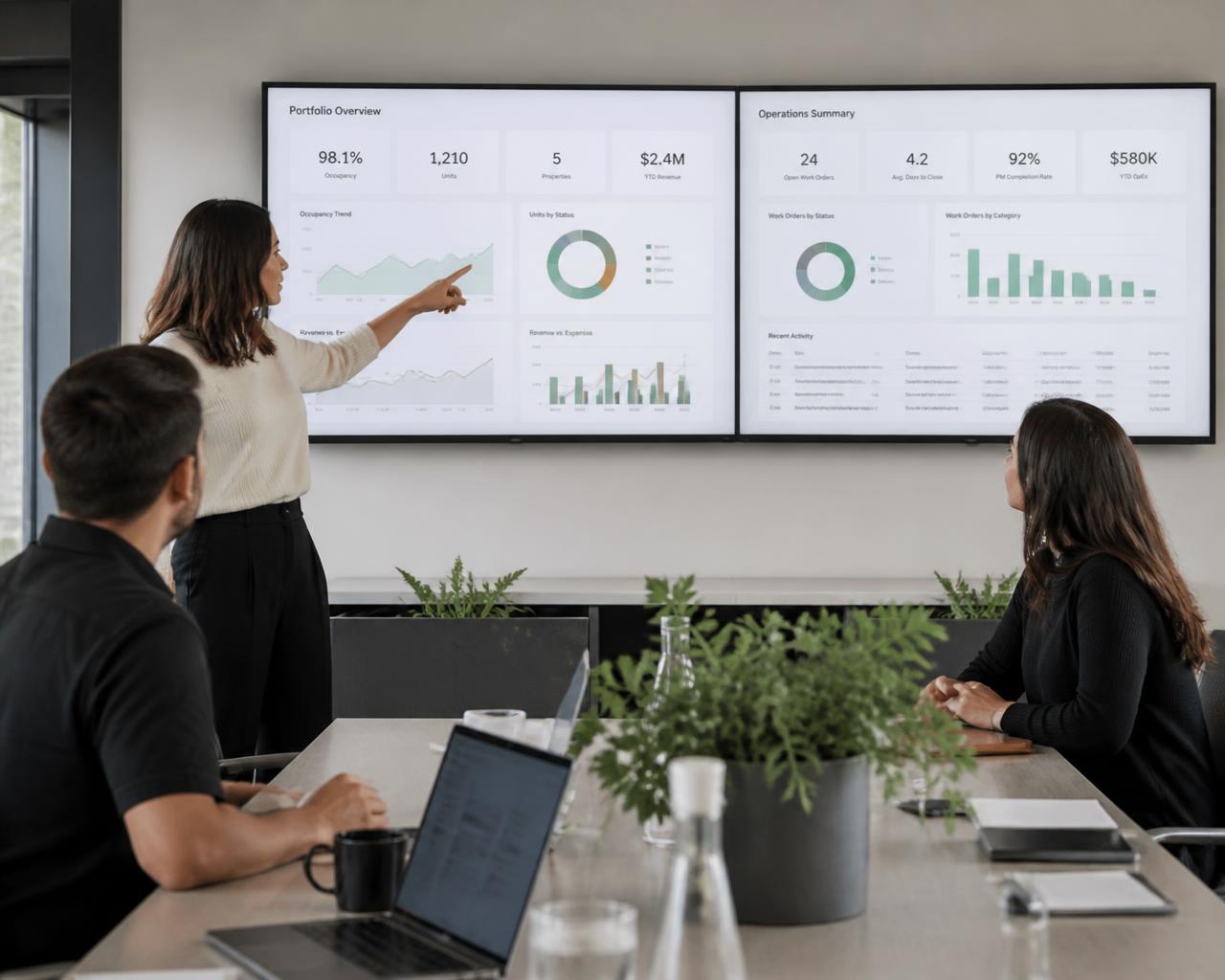 Property management team reviewing live operations dashboards