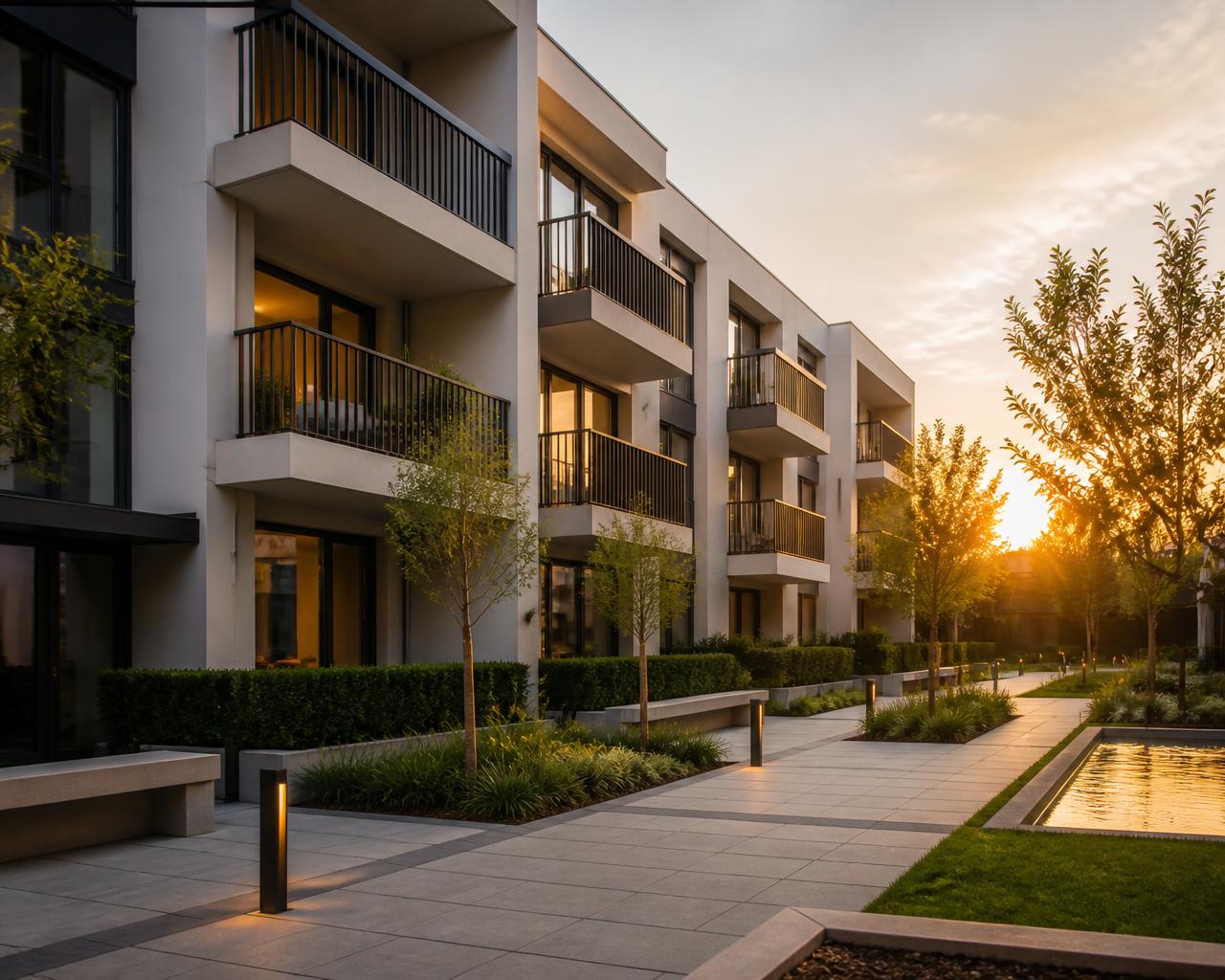 Modern apartment community at golden hour